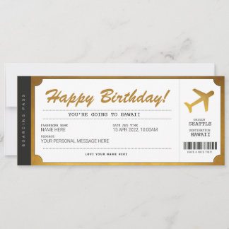 Überraschung Geburtstags-Flugticket Plane Gold Tic Einladung