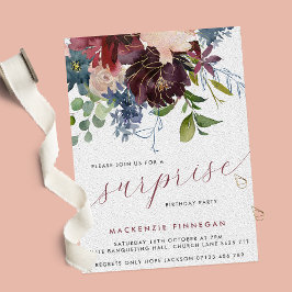 Überraschung Geburtstagsparty Burgund & Navy Flora Einladung