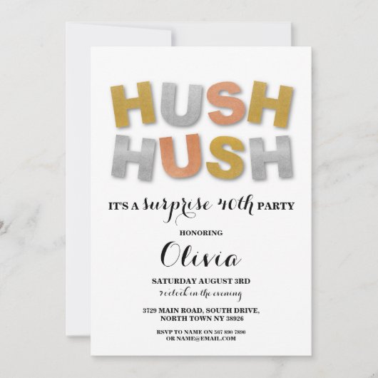 Überraschung Geburtstagsparty Hush Hush Gold Metal Einladung (Vorderseite)