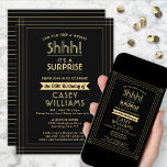 Überraschung Geburtstagsparty Shhh! Elegantes Schw Einladung<br><div class="desc">Kannst du ein Geheimnis behalten haben? Erleben Sie einen angenehmen und aufregenden Geburtstagsfest mit Party Einladungen in Schwarz und Gold. Alle Formulierungen auf dieser Vorlage ist einfach zu personalisieren, einschließlich der Nachricht, dass "Shhh! Es ist ÜBERRASCHEND." Das Design besticht durch eine moderne Streifenrandlinie, klassische Vintage Deko-Typografie und stilvolle Skriptkalligraphie. Bitte...</div>