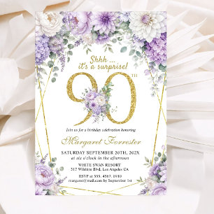 Überraschung Gold 90. Geburtstag Dusty Purple Flor Einladung
