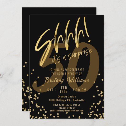Überraschung Gold Black Birthday Party Einladung (Vorne/Hinten)