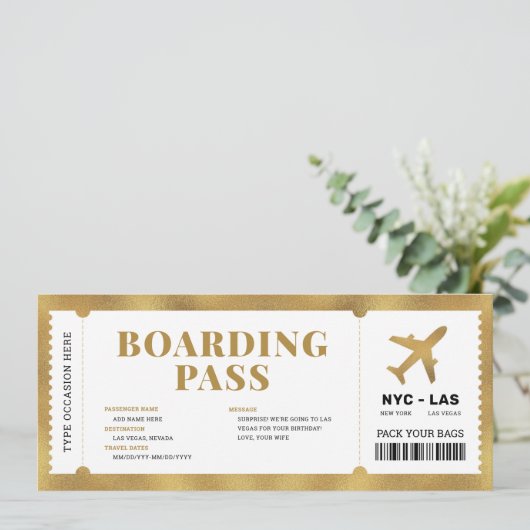 Überraschung Gold Boarding Pass Flugzeug Geschenkk Einladung (Stehend Vorderseite)