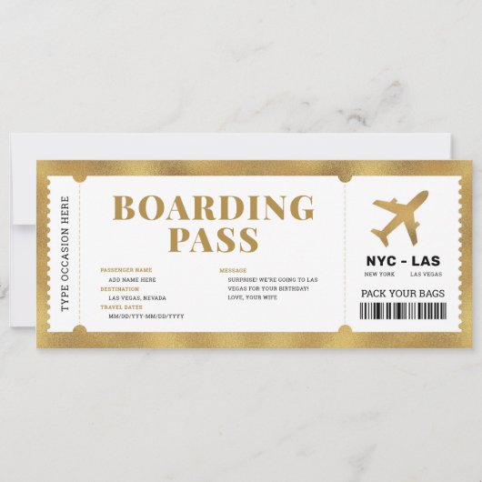 Überraschung Gold Boarding Pass Flugzeug Geschenkk Einladung (Vorderseite)