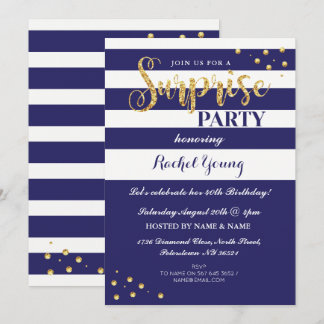 Überraschung Gold Glitzer Birthday Navy Strip Einl Einladung