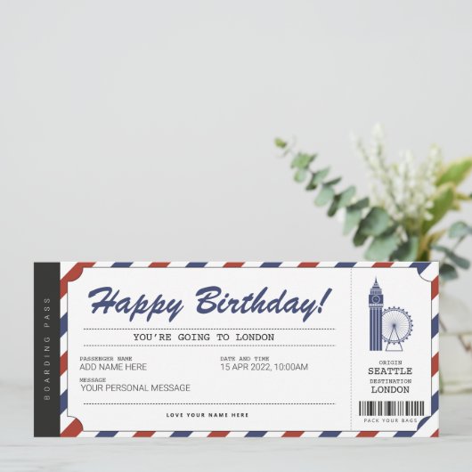 Überraschung London Trip Boarding Pass Ticket Einladung (Stehend Vorderseite)