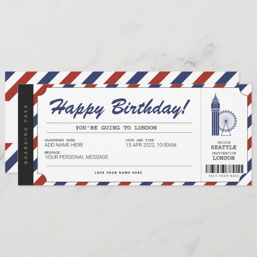 Überraschung London Trip Boarding Pass Ticket Einladung (Vorne/Hinten)