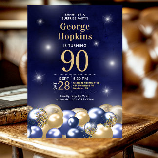 Überraschung Navy Blue Gold Balloons 90. Geburtsta Einladung