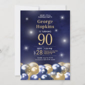 Überraschung Navy Blue Gold Balloons 90. Geburtsta Einladung (Vorderseite)