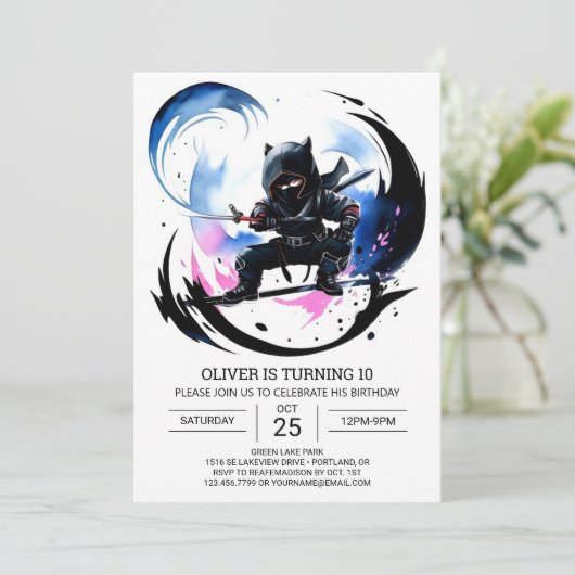 Überraschung Ninja Black Belt Geburtstag Einladung (Stehend Vorderseite)