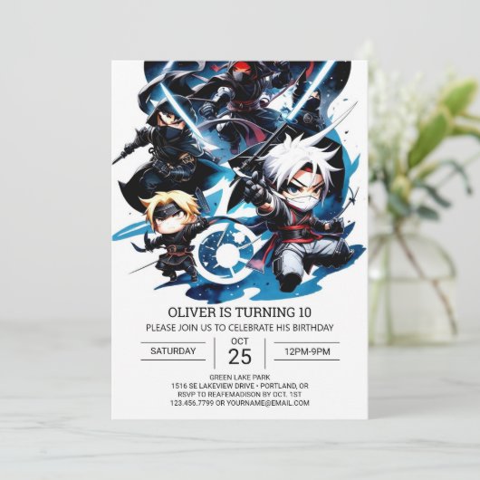 Überraschung Ninja Geburtstag für Kinder Einladung (Stehend Vorderseite)