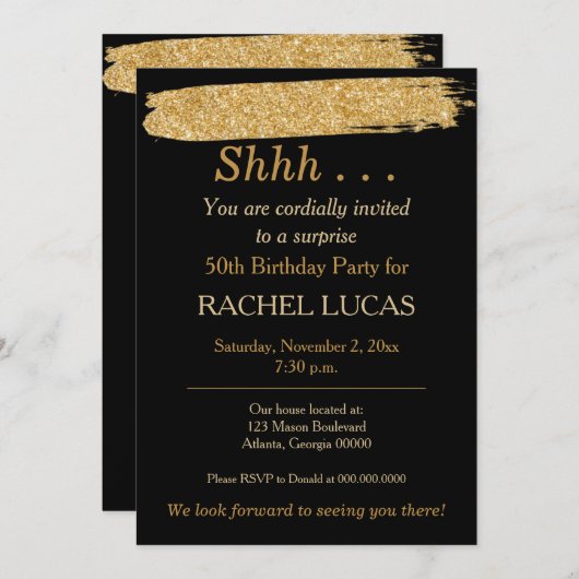 Überraschung Party Black Gold Glitzer Einladung (Vorne/Hinten)