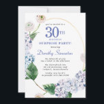 Überraschung Party Hydrangea Rose 30. Geburtstag Einladung<br><div class="desc">Blaue Hydrangea-Blume und Blüten der Rose schmücken einen goldgelben ovalen Rahmen. Eine offene und luftige moderne botanische.</div>