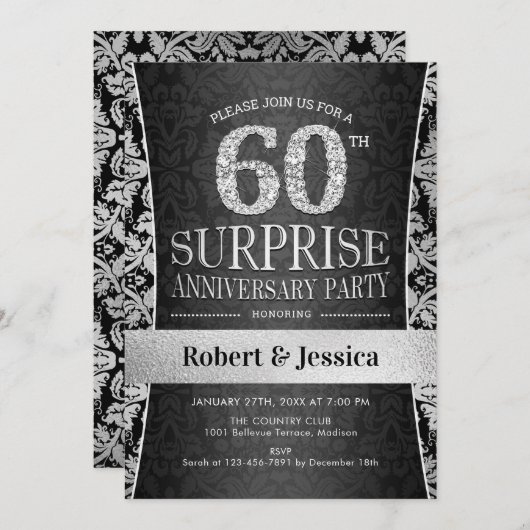 Überraschung Party zum 60. Jubiläum - Silber Einladung (Vorne/Hinten)