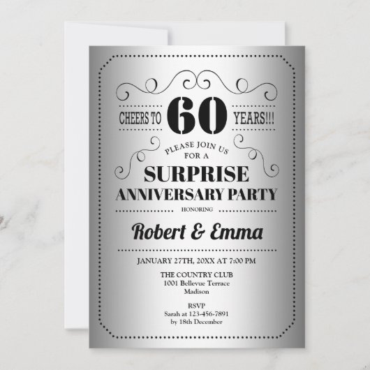 Überraschung Party zum 60. Jubiläum - Silver Black Einladung (Vorderseite)