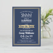 Überraschung Rente Party Shhh! Navy Blue & Gold Save The Date (Stehend Vorderseite)