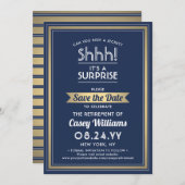 Überraschung Rente Party Shhh! Navy Blue & Gold Save The Date (Vorne/Hinten)