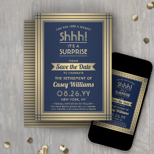 Überraschung Rente Party Shhh! Navy Blue & Gold Save The Date