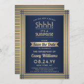 Überraschung Rente Party Shhh! Navy Blue & Gold Save The Date (Vorne/Hinten)