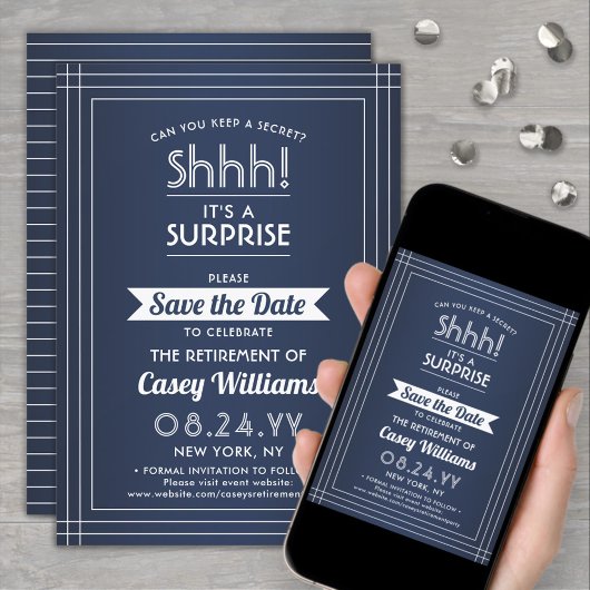 Überraschung Rente Party Shhh! Navy Blue & White Save The Date