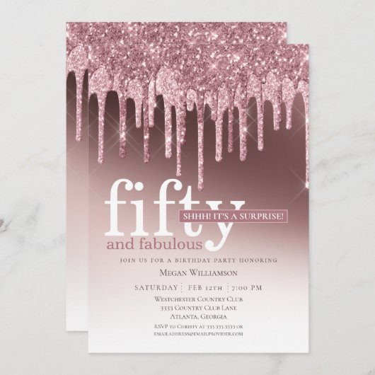Überraschung Rosa Glitzer Fünfzig und fabelhaft Ge Einladung (Vorne/Hinten)