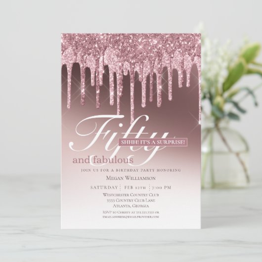 Überraschung Rosa Glitzer Fünfzig und fabelhaft Ge Einladung (Stehend Vorderseite)