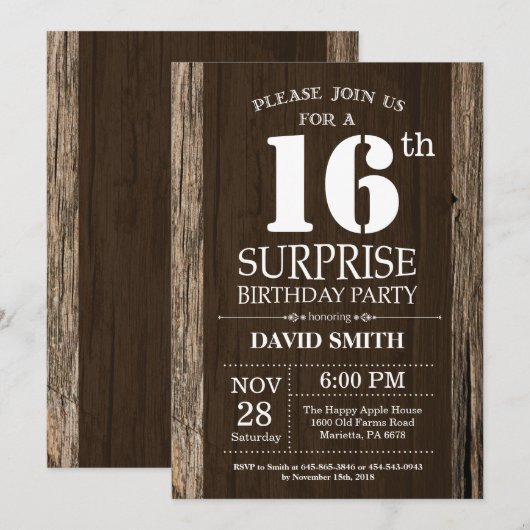 Überraschung Rustikal 16. Geburtstag Einladung Vin (Vorne/Hinten)