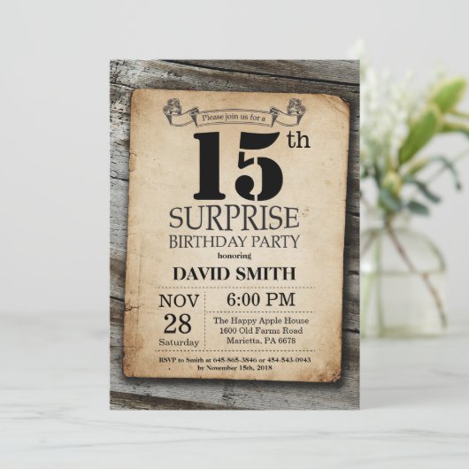 Überraschung Rustikale 15. Geburtstag Einladung Vi (Stehend Vorderseite)