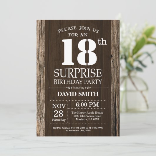 Überraschung Rustikale 18. Geburtstag Einladung Vi (Stehend Vorderseite)