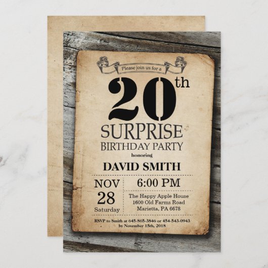 Überraschung Rustikale 20. Geburtstag Einladung Vi (Vorne/Hinten)