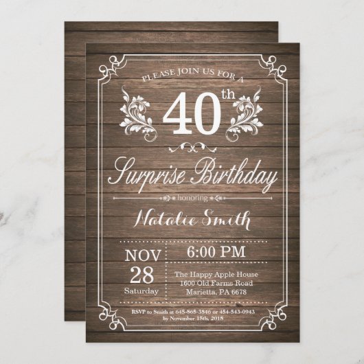 Überraschung Rustikale 40. Geburtstag Einladung Fl (Vorne/Hinten)