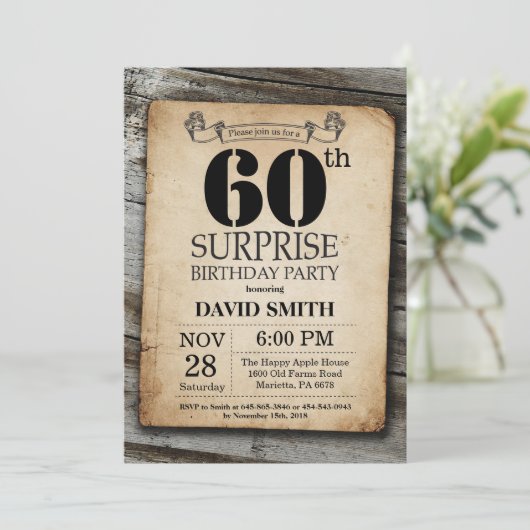 Überraschung Rustikale 60. Geburtstag Einladung Vi (Stehend Vorderseite)
