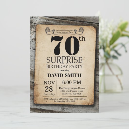 Überraschung Rustikale 70. Geburtstag Einladung Vi (Stehend Vorderseite)