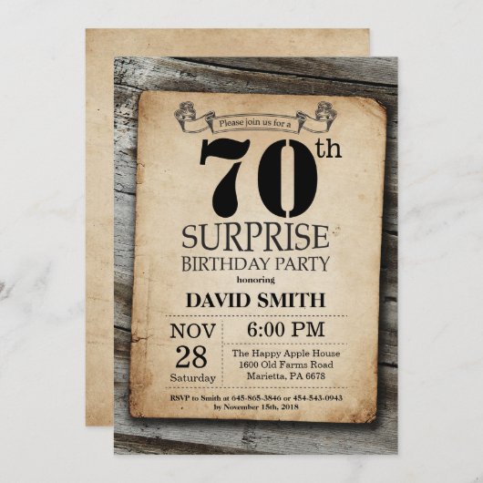 Überraschung Rustikale 70. Geburtstag Einladung Vi (Vorne/Hinten)