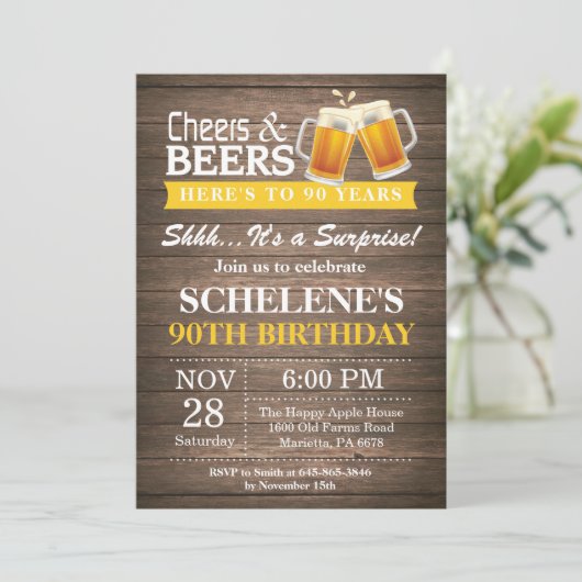 Überraschung Rustikale Gewürze und Bier 90. Geburt Einladung (Stehend Vorderseite)