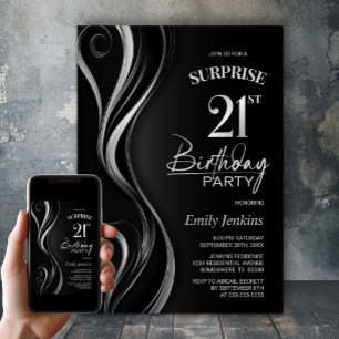 Überraschung Schwarz Silver 21. Geburtstag Party Einladung
