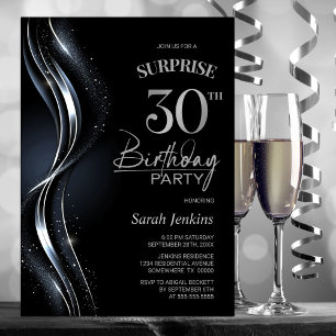 Überraschung Schwarz Silver 30. Geburtstag Party Einladung