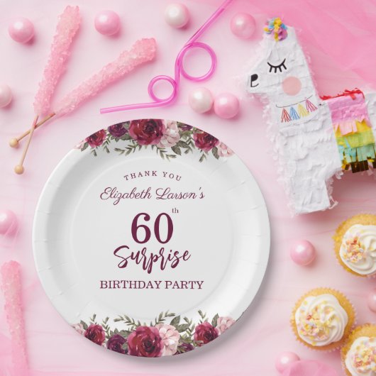 Überraschung Senior Party Floral Burgund Pappteller (Party)