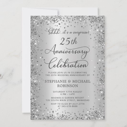 Überraschung Silber Glitter 25. Hochzeitstag Einladung (Vorderseite)