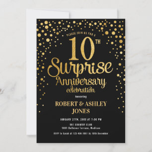 Überraschung zum 10. Hochzeitstag - Schwarz & Gold Einladung