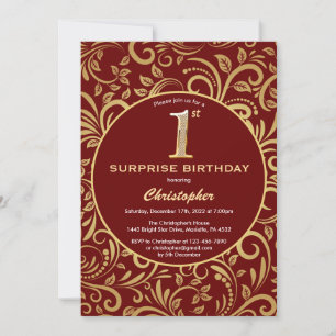 Überraschung zum 1. Geburtstag Burgunderrot & Gold Einladung