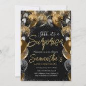 Überraschungsballons Geburtstag Black Gold Glitzer Einladung (Vorderseite)