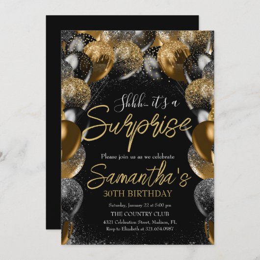 Überraschungsballons Geburtstag Black Gold Glitzer Einladung (Vorne/Hinten)