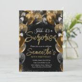 Überraschungsballons Geburtstag Black Gold Glitzer Einladung (Stehend Vorderseite)