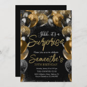 Überraschungsballons Geburtstag Black Gold Glitzer Einladung (Vorne/Hinten)