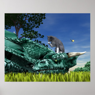 Überraschungsbesucher - Niedliche Katze auf Drache Poster