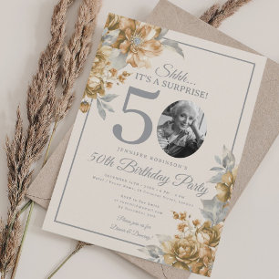 Überraschungsfoto 50. Geburtstag Gold Floral Beige Einladung