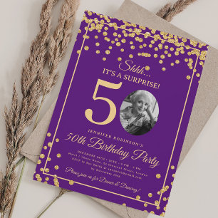 Überraschungsfoto 50. Geburtstag Gold Glitter Lila Einladung