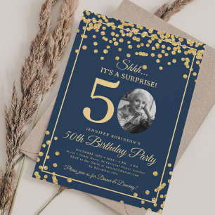 Überraschungsfoto 50. Geburtstag Gold Glitter Navy Einladung