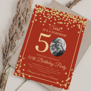 Überraschungsfoto 50. Geburtstag Gold Glitter Rot Einladung